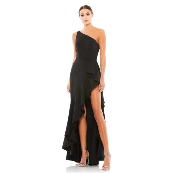 Ieena Mac Duggal 6 black One Shoulder High Slit Ruffle Gown dress prom formal - Picture 1 of 8